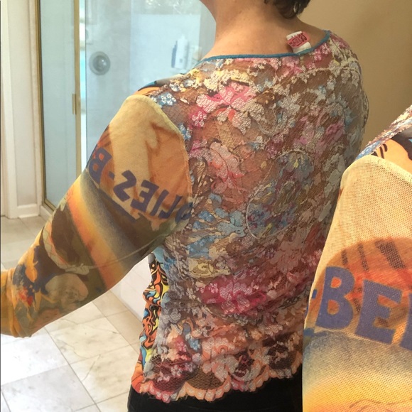Colorful sleek front, lace back, sheer sleeve SzM - Picture 6 of 11
